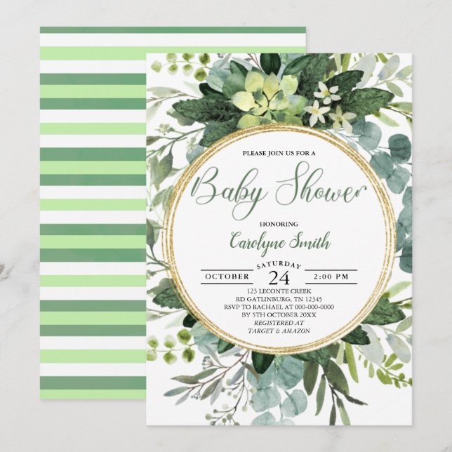 Invitation Baby shower botanique vert or (Devant / Derrière)