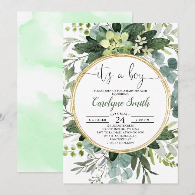 Invitation Baby shower Botanique Vert or Aquarelle (Devant / Derrière)