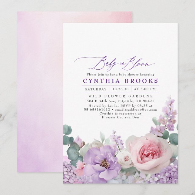 Invitation Baby shower botanique violet et rose floral boho (Devant / Derrière)