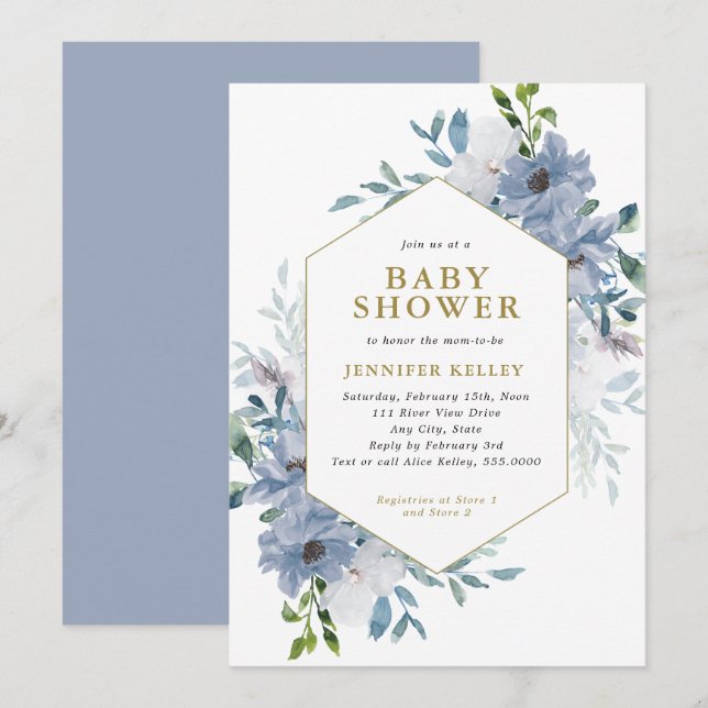 Invitation Baby shower Bouquet de fleurs d'aquarelle bleu (Devant / Derrière)