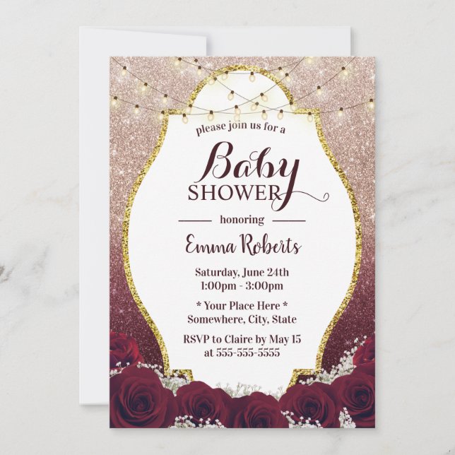 Invitation Baby shower Bourgogne Rose Floral Rose Or Ombre (Devant)