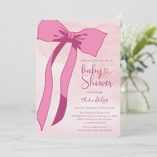 Invitation Baby shower Bow Aquarelle Rose (Debout devant)