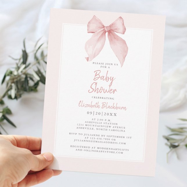 Invitation Baby shower Bow Aquarelle Rose Coquette Élégant (Pink Watercolor Bow Baby Shower Coquette Elegant Invitation)