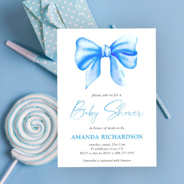 Invitation Baby shower Bow Bow à aquarelle bleu (Créateur téléchargé)
