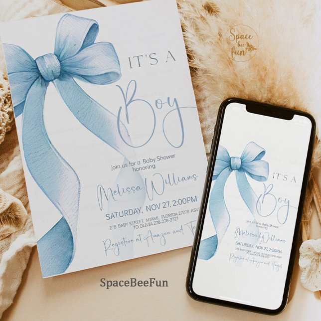 Invitation Baby shower Bow Coquette Boy (Bow Coquette Boy Baby Shower Invitation, boy baby shower invitation, baby shower invite for boys, el)