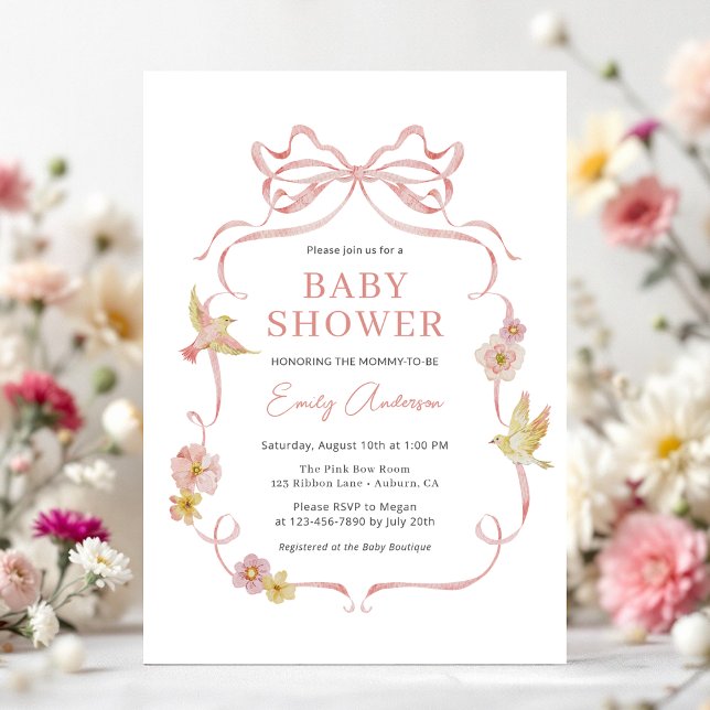 Invitation Baby shower Bow Fleur sauvage rose vif (Créateur téléchargé)