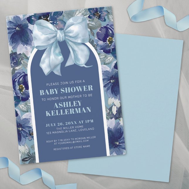 Invitation Baby shower Bow Floral Bleu (Blue Floral Boy Baby Shower Invitation)