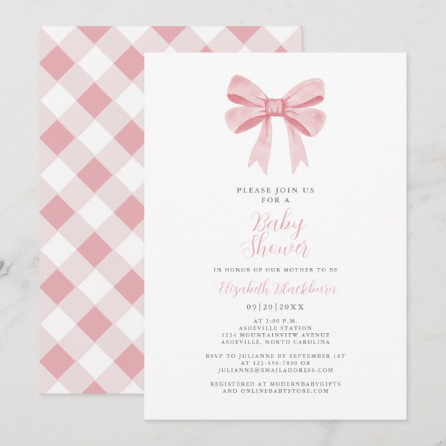 Invitation Baby shower Bow rose Coquette fille Élégante En vi (Devant / Derrière)