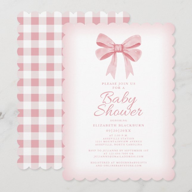 Invitation Baby shower Bow rose Élégante fille En vichy vérif (Devant / Derrière)