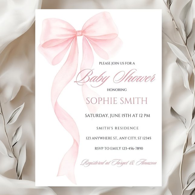 Invitation Baby shower Bow rose pâle Invitable (Créateur téléchargé)