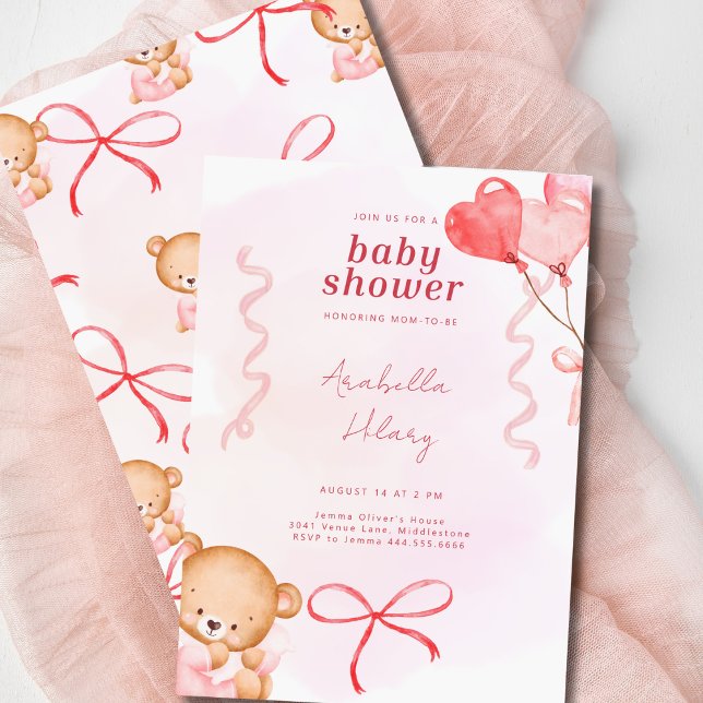 Invitation Baby shower Bows & Ballons d'ours rose mignon (Créateur téléchargé)