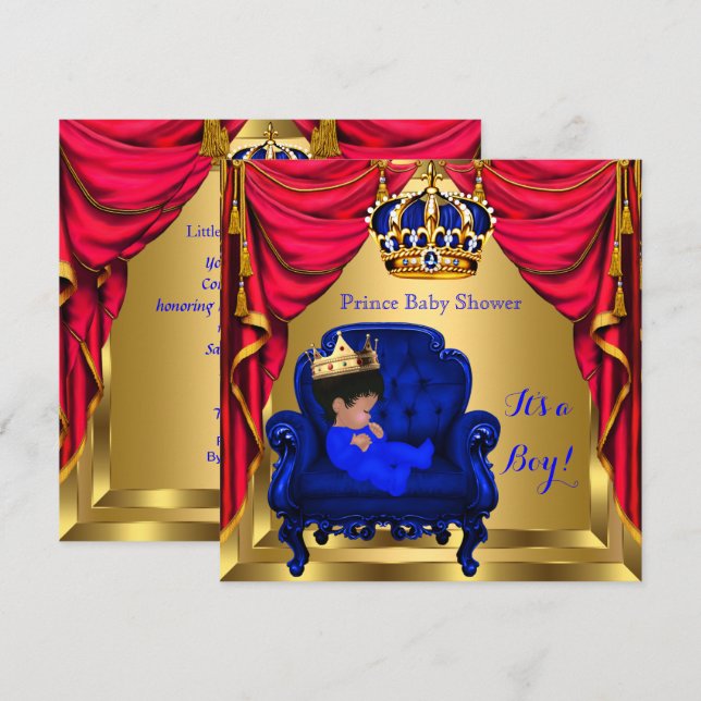 Invitation Baby shower Boy Little Prince Royal Blue Red Gold (Devant / Derrière)