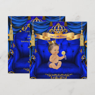 Invitation Baby shower Boy Prince Royal Blue Gold Brunette