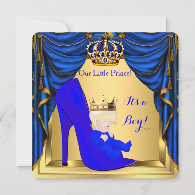 Invitation Baby shower Boy Prince Royal Blue Shoe Gold 4 (Devant)