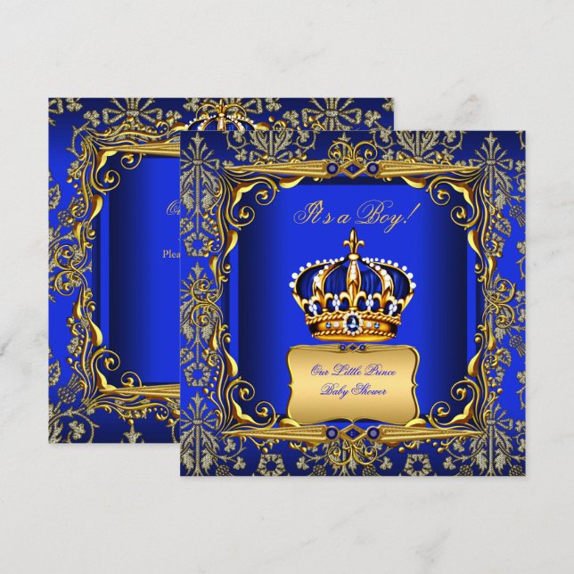 Invitation Baby shower Boy Royal Blue Damask Gold Crown (Devant / Derrière)