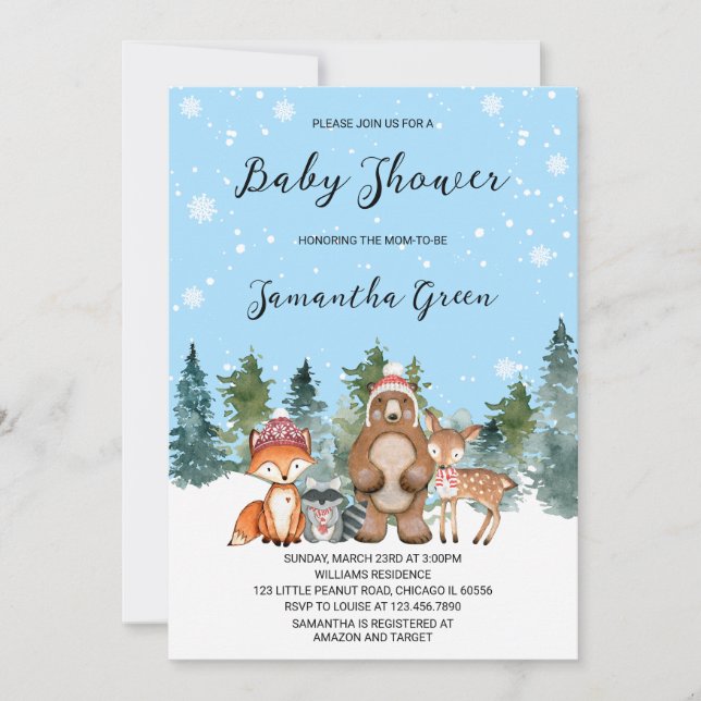Invitation Baby shower Boy Winter Woodland (Devant)
