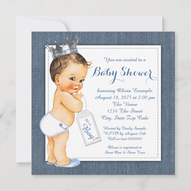 Invitation Baby shower Boys Blue Denim (Devant)