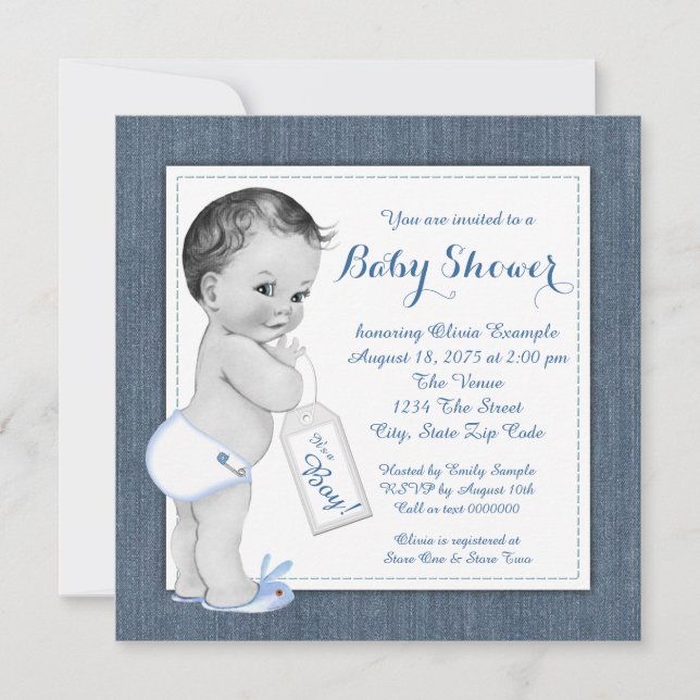 Invitation Baby shower Boys Blue Denim (Devant)