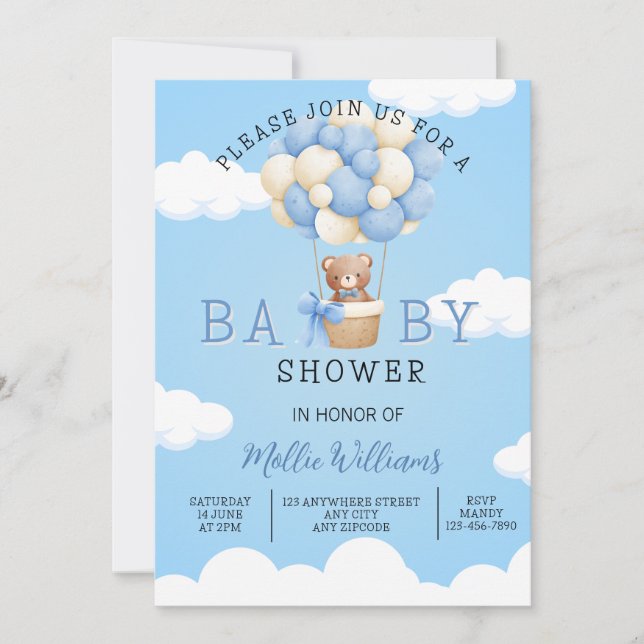 Invitation Baby shower Boys Teddy Bear Hot Air Balloon (Devant)