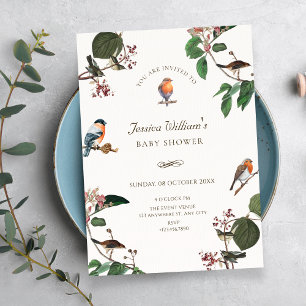 Invitation Baby shower Branche Feuilles Oiseau