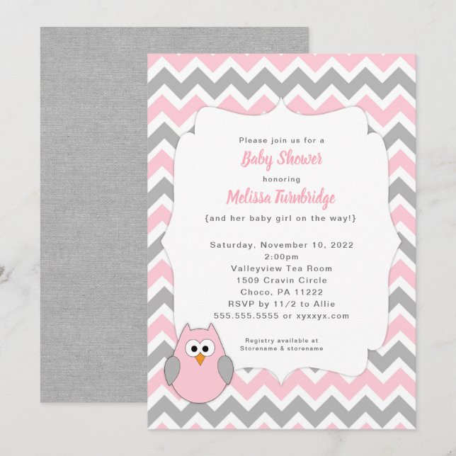 Invitation Baby shower branché pour filles de Chouette rose e (Devant / Derrière)