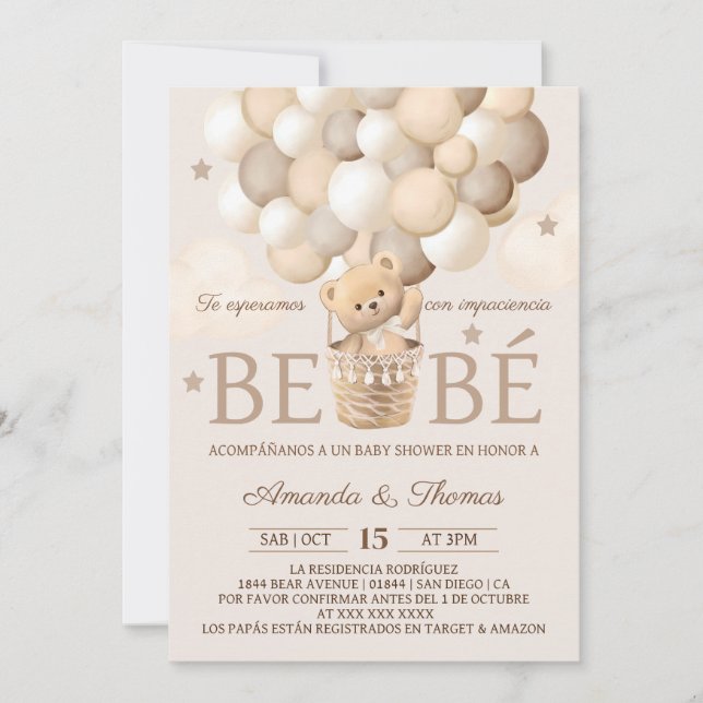 Invitation Baby shower Brown des ballons d'ours espagnols (Devant)