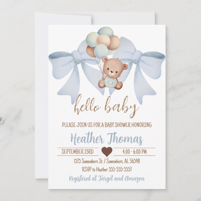 Invitation Baby shower Brown Ours Et Bow (Devant)