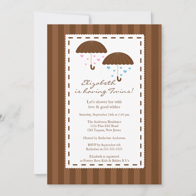 Invitation Baby shower Brown Umbrella Twins (Devant)