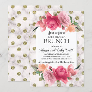 Invitation Baby Shower Brunch Marbre Rose Fleurie Or Blanc