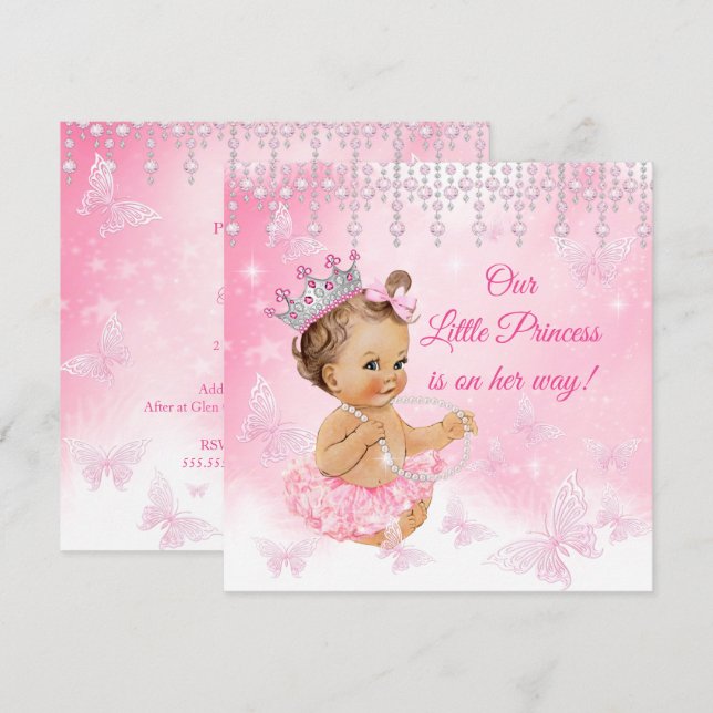 Invitation Baby shower brunette princesse papillon rose (Devant / Derrière)