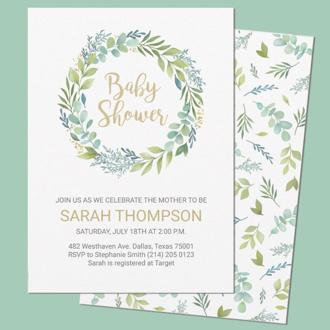 Invitation Baby shower Budget Vert Eucalyptus (An elegant eucalyptus greenery baby shower invitation. Personalize it with your party information)