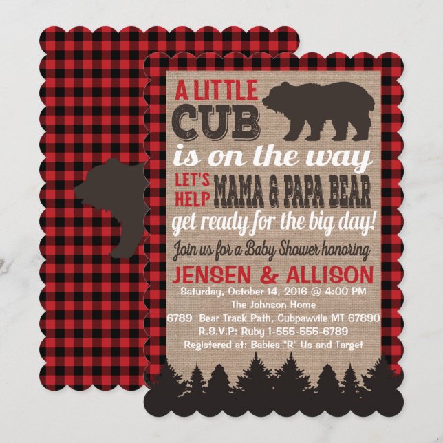 Invitation Baby shower Buffalo Plaid Cub (Devant / Derrière)