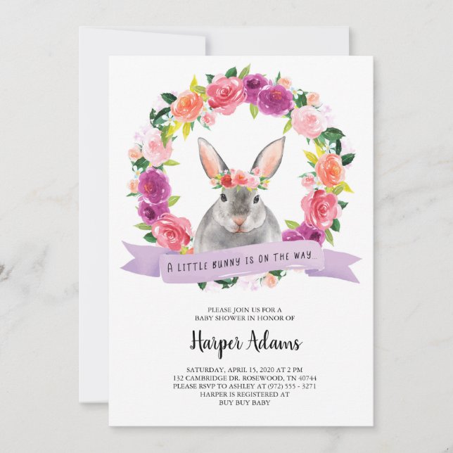 Invitation Baby shower Bunny de printemps floral (Devant)