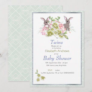 Invitation Baby shower Bunny Floral Twins Mint