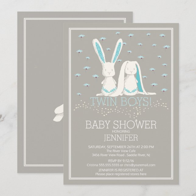 Invitation Baby shower Bunny pour les garçons TWIN Spring uni (Devant / Derrière)
