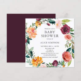 Invitation Baby shower Burgundy Blush Rose Floral Wreath