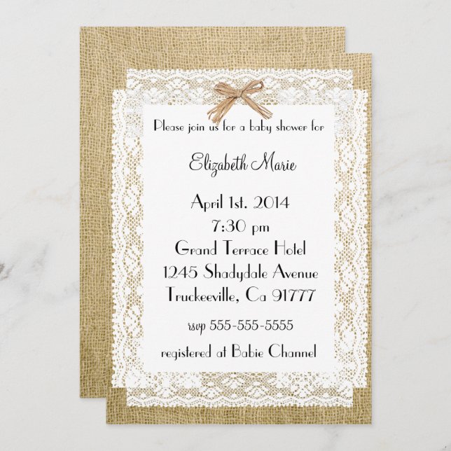 Invitation Baby shower Burlap et dentelle (Devant / Derrière)