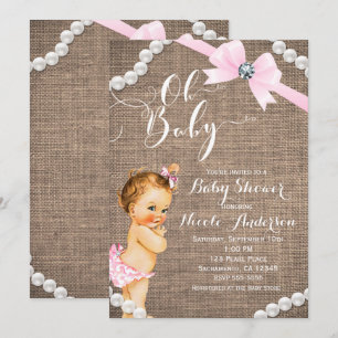 Invitation Baby shower Burlap & Pearls Pink Bow Girls