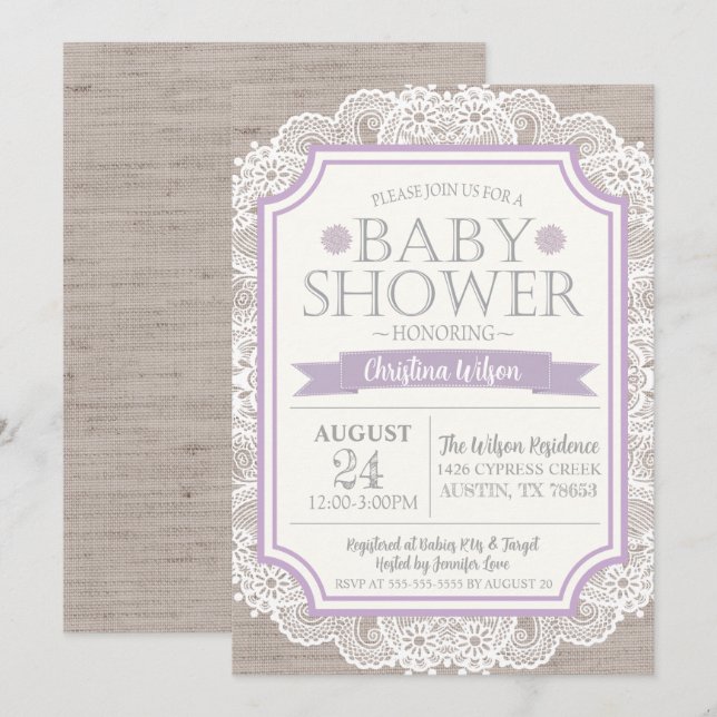 Invitation Baby shower Burlap Purple & Lace (Devant / Derrière)