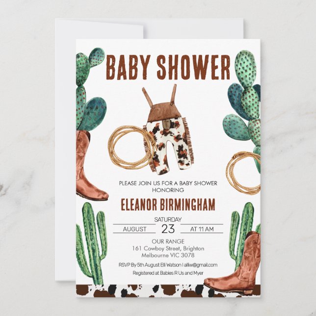 Invitation Baby shower Cactus Boots Rodeo Cowboy (Devant)
