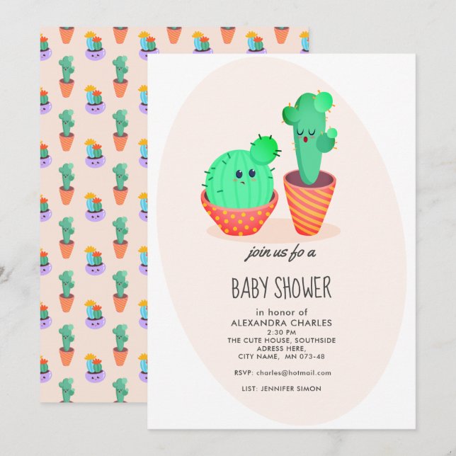 Invitation Baby shower Cactus mignon (Devant / Derrière)