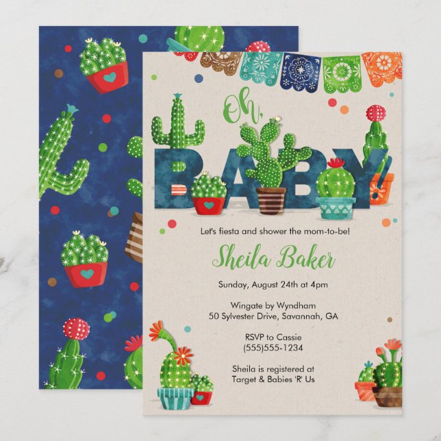 Invitation Baby shower Cactus| Thème Cactus (Devant / Derrière)