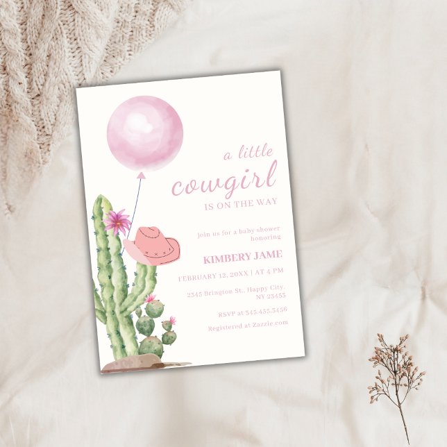 Invitation Baby shower cagoule rose de l'Ouest (Pink Western Cactus Balloon Cowgirl Baby Shower Invitation)
