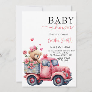 Invitation Baby shower Camion Bear Red Hearts