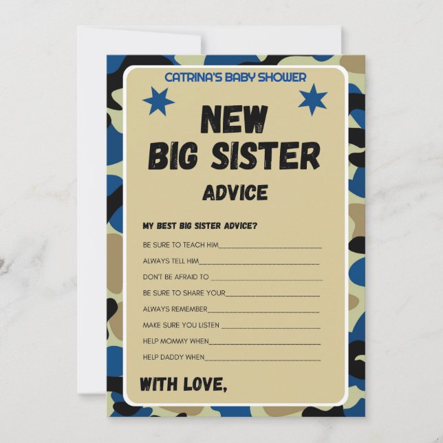 Invitation Baby shower Camo bleu - Nom modifiable, 5x7 (Devant)