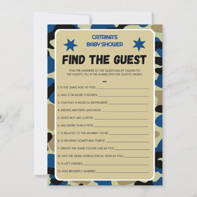 Invitation Baby shower Camo bleu - Nom modifiable, 5x7 (Devant)