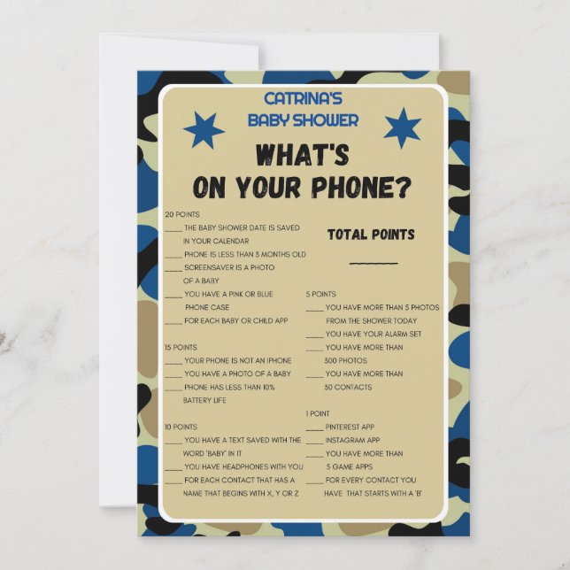 Invitation Baby shower Camo bleu - Nom modifiable, 5x7 Invita (Devant)