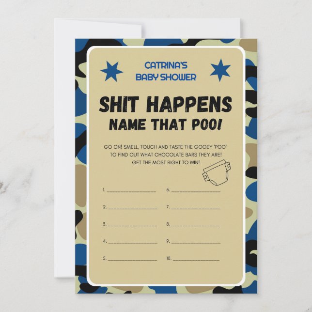 Invitation Baby shower Camo bleu - Nom modifiable, 5x7 Invita (Devant)