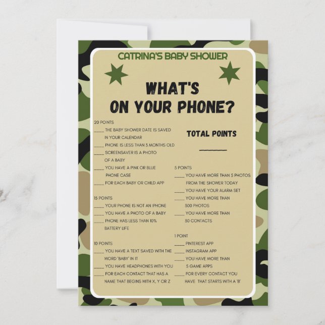 Invitation Baby shower Camo - Nom modifiable, 5x7 (Devant)