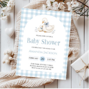 Invitation Baby Shower Canard à carreaux bleus Silly Goose